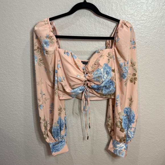 BANJUL Womens Sz S Peach Pink‎ Floral Crop Top Puff Sleeve Romantic Cottagecore - Picture 2 of 8